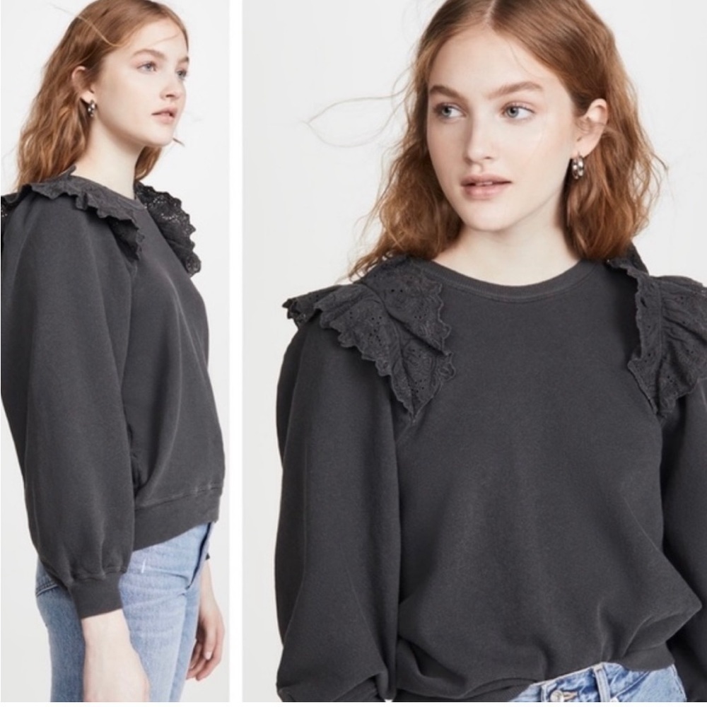 THE GREAT Eyelet Ruffle Lace Sweatshirt Grey Faded Black 0/XS